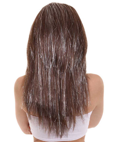 ハロウィンパーティ H-5214 女性用 60'sブルネットブーファン シルバーティンセルハイライトウィッグ プレミアム 通気性抜群のキャップレスキャップ