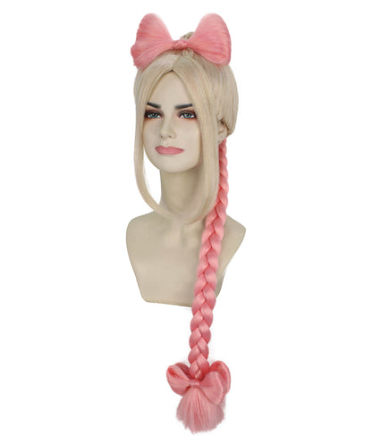 女性用 H-5847 ピンクとブロンド ソミ ブレイデッド ポニーテール ウィッグ ハロウィンに最適 難燃性合成繊維