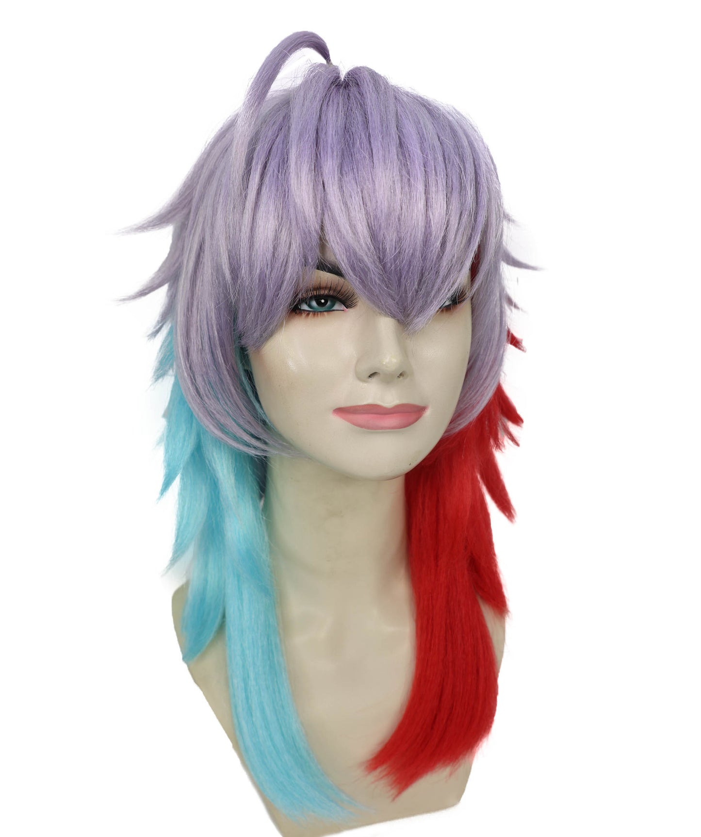 Wigs2you H-6932 大人女性用アニメ風グラデーションコスプレウィッグ｜レッド＆ブルーのツートンカラーのオンブレチップとシルバーのレイヤードベース｜ハロウィンやコスプレに最適