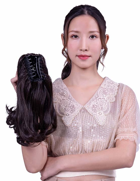 レディースファッション WS-5004 ブラック ヒートスタイリング可能 ポニーテールウィッグ ナチュラルカーリー ヘアピース 合成繊維