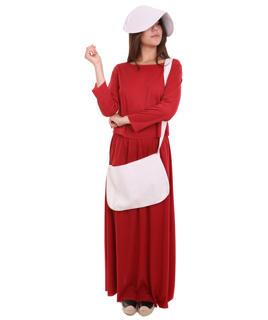 女性用 JCP-066 シンプル レッド ドレス ハンドメイド コスプレ コスチューム バッグとボンネット付き