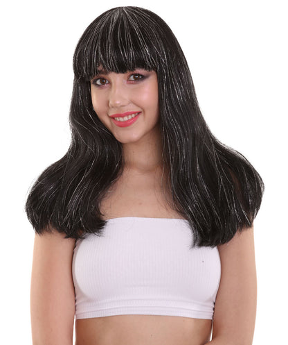ハロウィンパーティ H-5211 女性用 ロングブラック90'sボブ シルバーティンセルハイライトウィッグ プレミアム 通気性抜群のキャップレスキャップ
