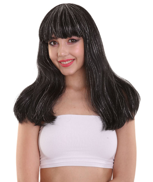 ハロウィンパーティ H-5211 女性用 ロングブラック90'sボブ シルバーティンセルハイライトウィッグ プレミアム 通気性抜群のキャップレスキャップ