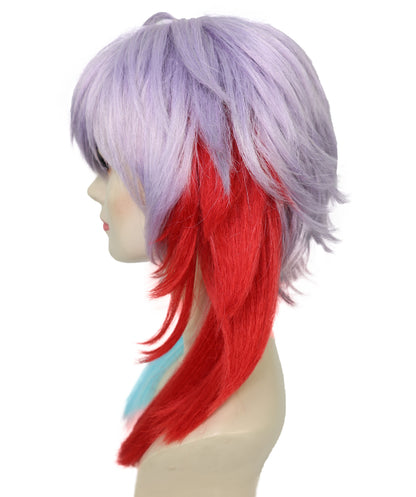 Wigs2you H-6932 大人女性用アニメ風グラデーションコスプレウィッグ｜レッド＆ブルーのツートンカラーのオンブレチップとシルバーのレイヤードベース｜ハロウィンやコスプレに最適