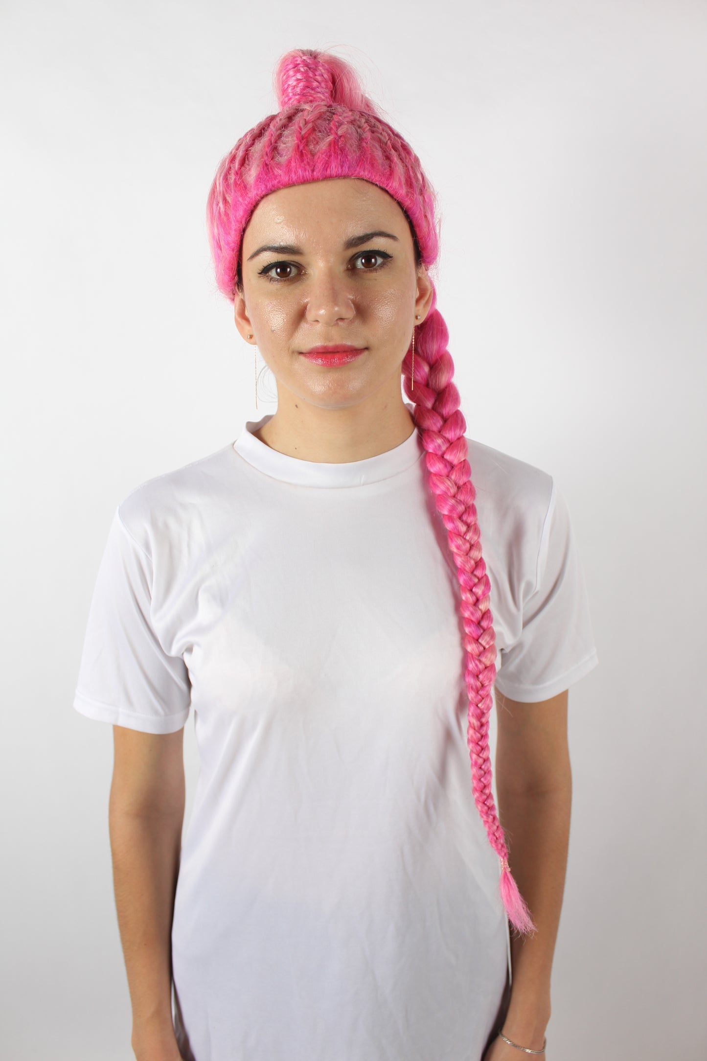 ハロウィンパーティプレミアムレディース H-5745 ドラッグレーステレビ番組ピンク編み込みポニーテールウィッグ