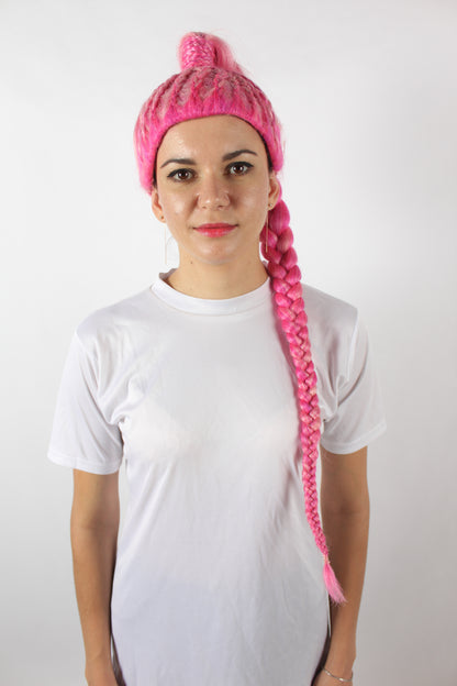 ハロウィンパーティプレミアムレディース H-5745 ドラッグレーステレビ番組ピンク編み込みポニーテールウィッグ