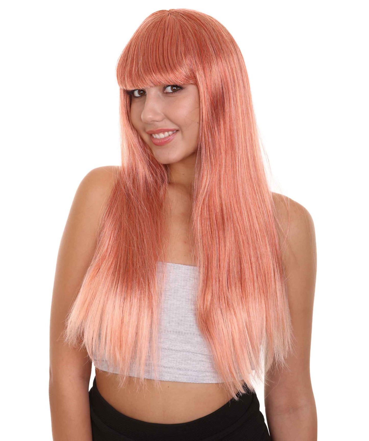 ロングボブピーチ女性用ウィッグ H-3338 華やかなパーティーイベント準備完了のハロウィンウィッグ プレミアム通気性のあるキャップレスキャップ