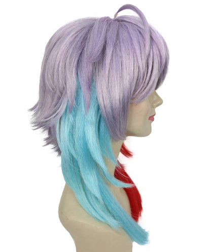 Wigs2you H-6932 大人女性用アニメ風グラデーションコスプレウィッグ｜レッド＆ブルーのツートンカラーのオンブレチップとシルバーのレイヤードベース｜ハロウィンやコスプレに最適