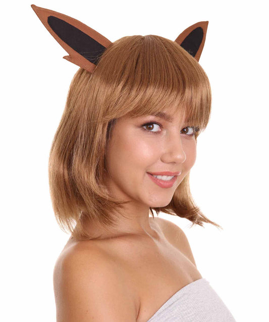 女性用ポケモン レッツゴー イーブイ ブラウンウィッグ 耳付き H-4698 コスプレ ビデオゲームウィッグ プレミアム通気性キャップレスキャップ