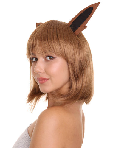 女性用ポケモン レッツゴー イーブイ ブラウンウィッグ 耳付き H-4698 コスプレ ビデオゲームウィッグ プレミアム通気性キャップレスキャップ