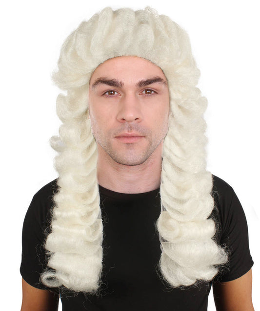 男性用コロニアル裁判官カーリーロングホワイトウィッグ H-4332 プレミアム通気性キャップレスキャップ