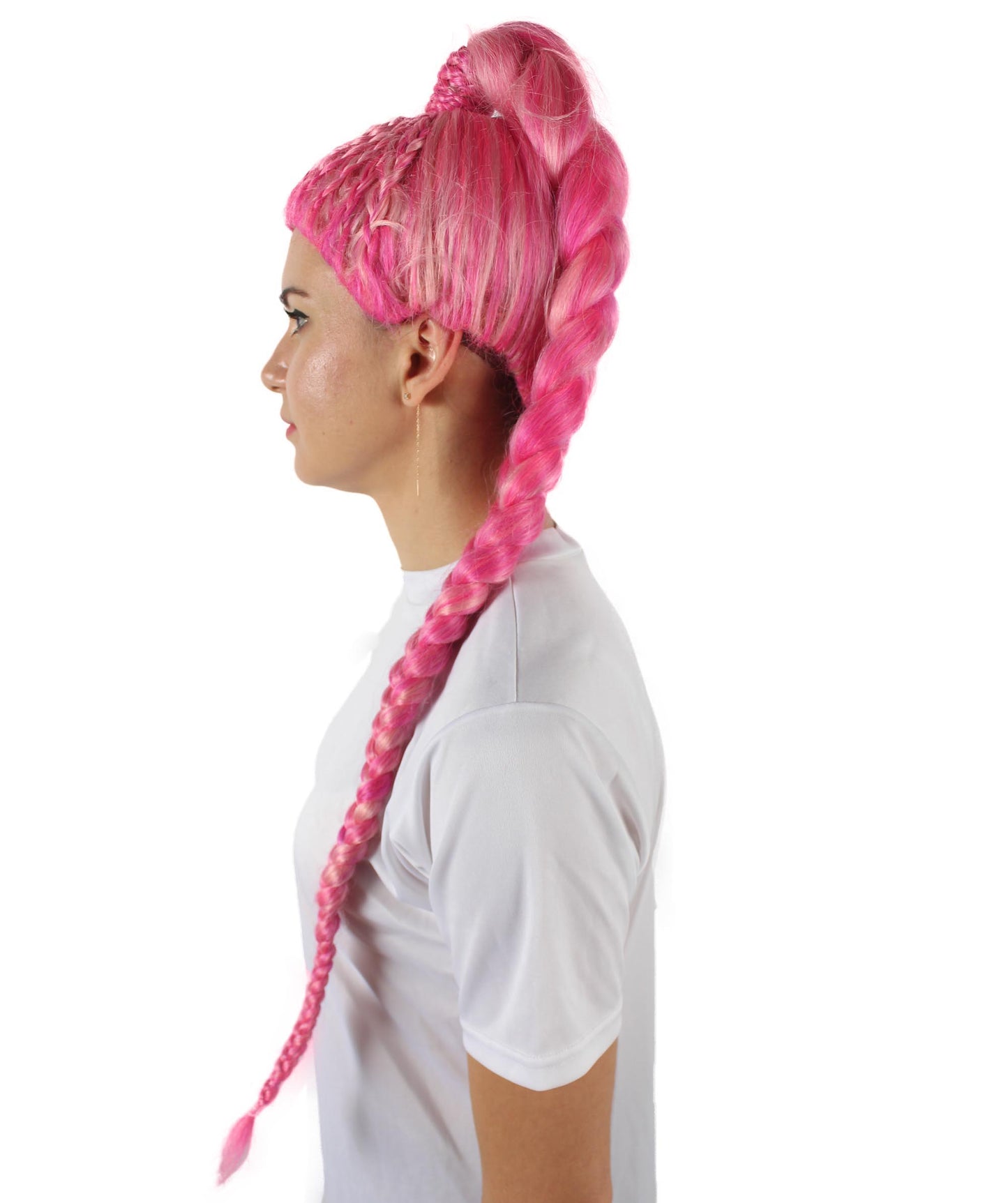 ハロウィンパーティプレミアムレディース H-5745 ドラッグレーステレビ番組ピンク編み込みポニーテールウィッグ