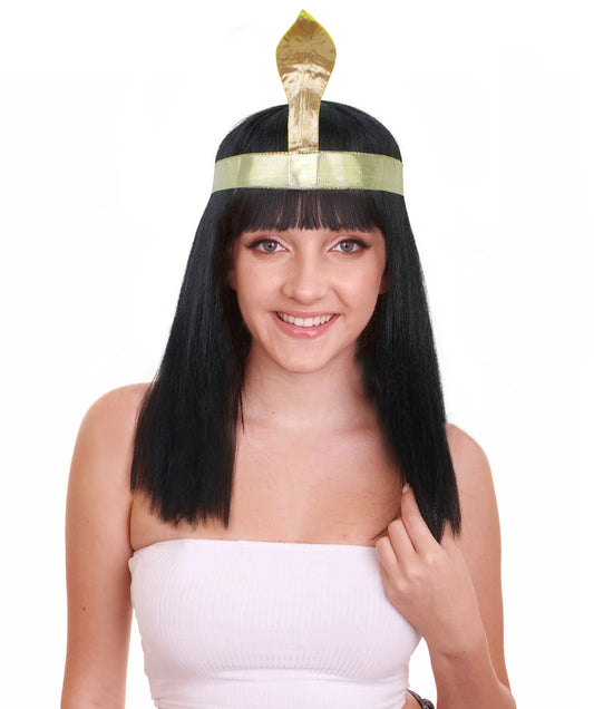 女性用H-5907 エジプトの女王 ウィッグ ヘッドバンド付き ブラック カラー ハロウィンに最適 難燃性合成ファイバー