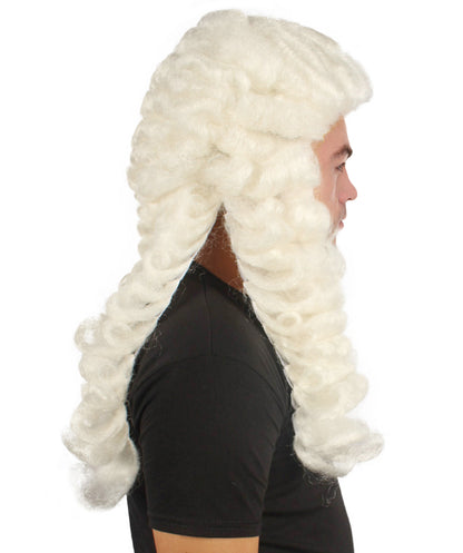 男性用コロニアル裁判官カーリーロングホワイトウィッグ H-4332 プレミアム通気性キャップレスキャップ