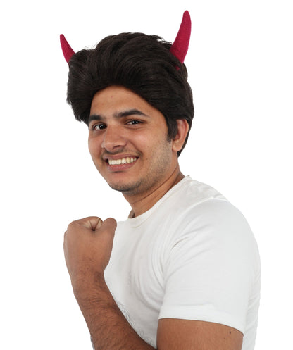 Wigs2you  H-7064 大人用男性用ファンタジー悪魔フルウィッグ（角付き）ダークブラウン合成繊維製。ハロウィン、パーティー、舞台、ロールプレイに。