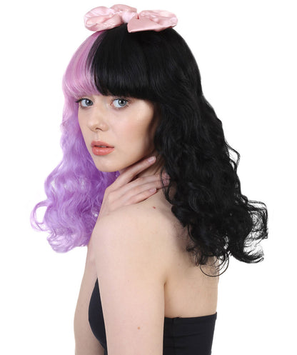 Wigs2you ハロウィン パーティー プレミアム レディース H-927 メラニー ドリー ハーフ パープルとブラック キュリー ウィッグ ピンク リボン カラー