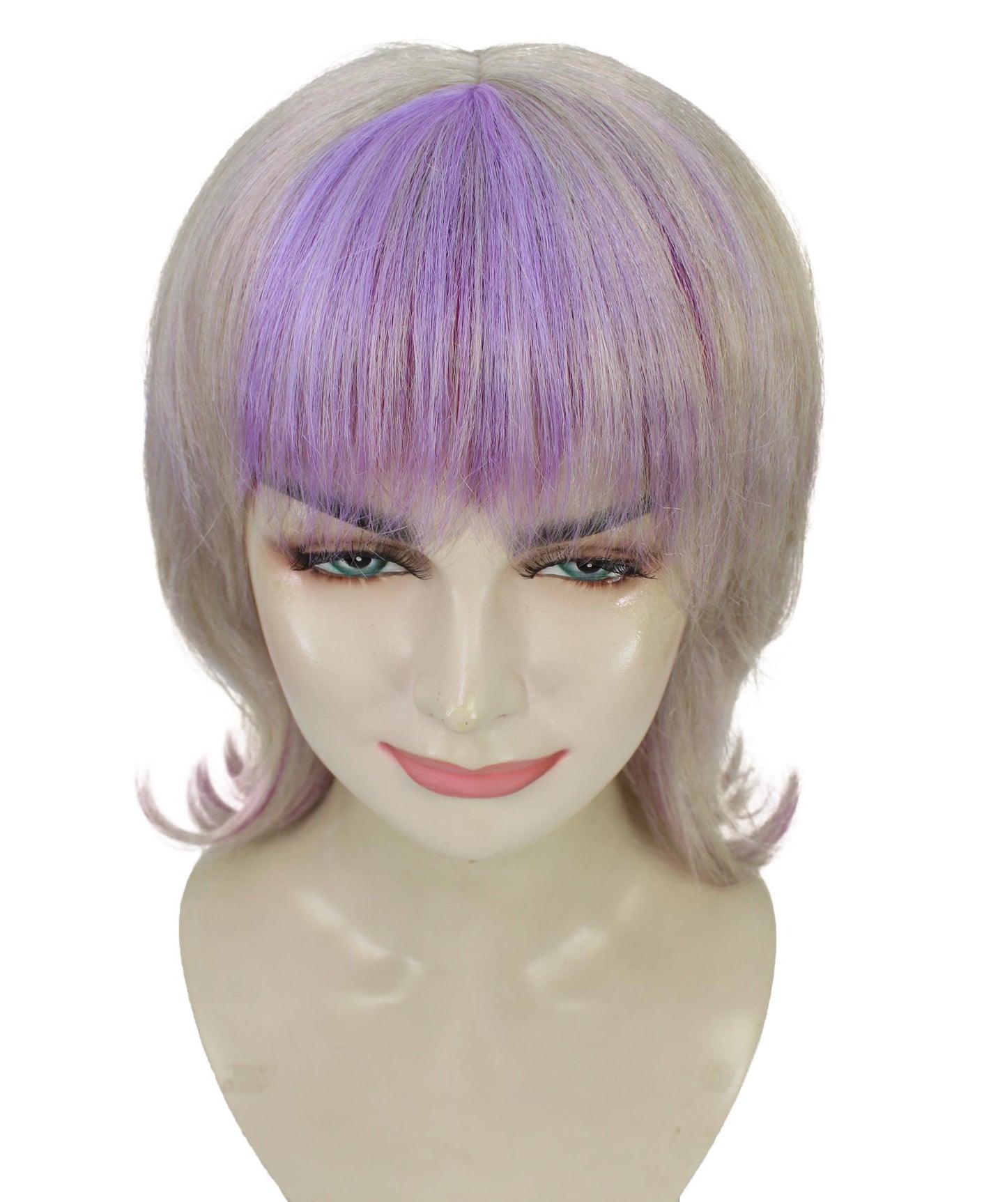 女性用H-5879 ブロンド＆パープル マレット レイヤード フリンジ バングス ミディアムレングス ストレート ウィッグ ハロウィンに最適 難燃性合成ファイバー