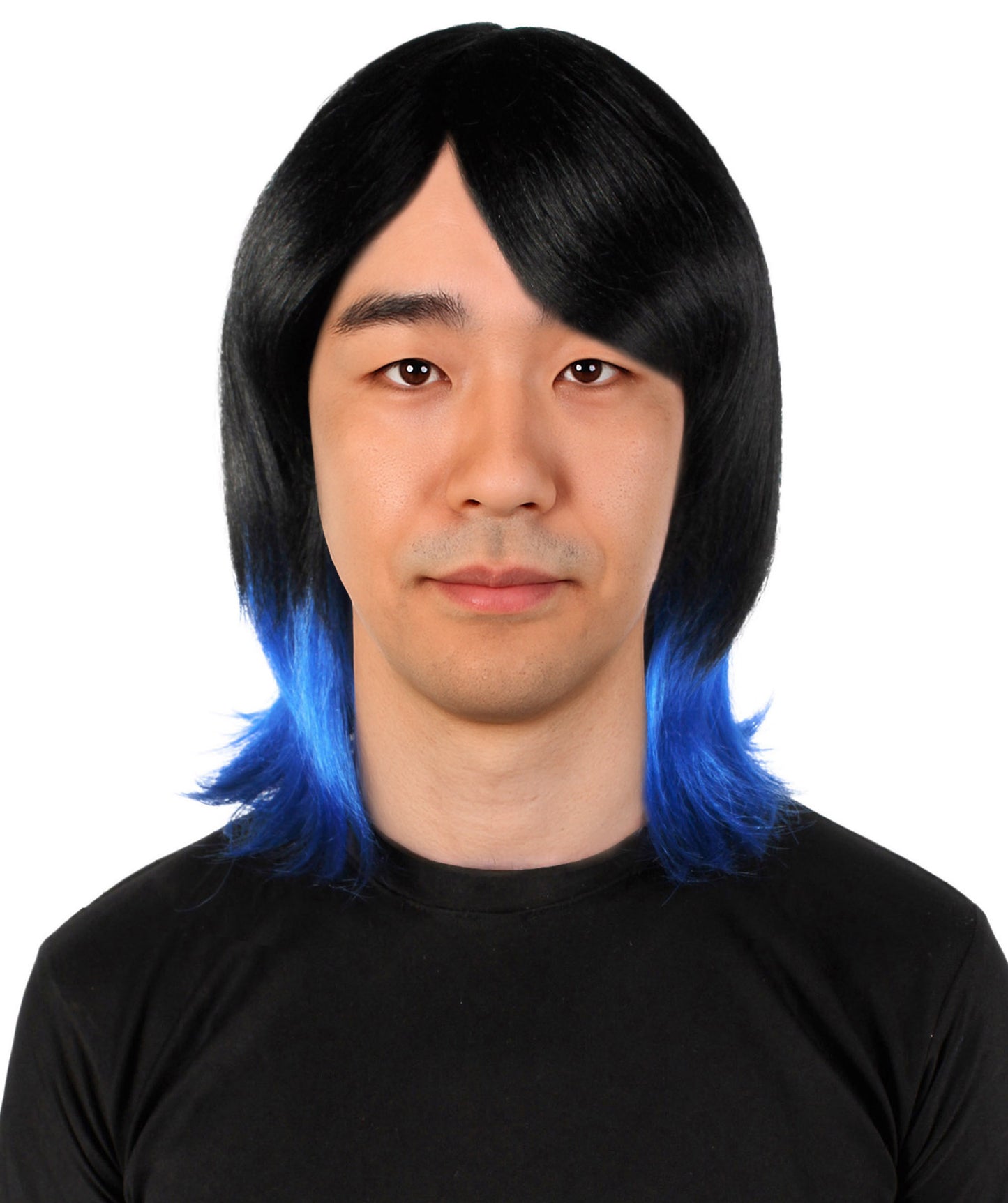 ハロウィンパーティ プレミアムメンズ H-5652 デーモンビーストファイター ダークロングブラック&ブルーウィッグ 合成繊維の髪