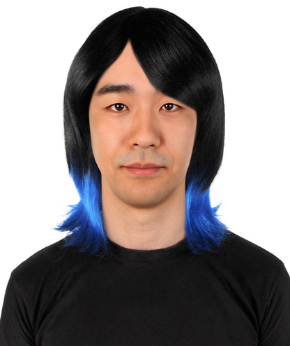 ハロウィンパーティ プレミアムメンズ H-5652 デーモンビーストファイター ダークロングブラック&ブルーウィッグ 合成繊維の髪