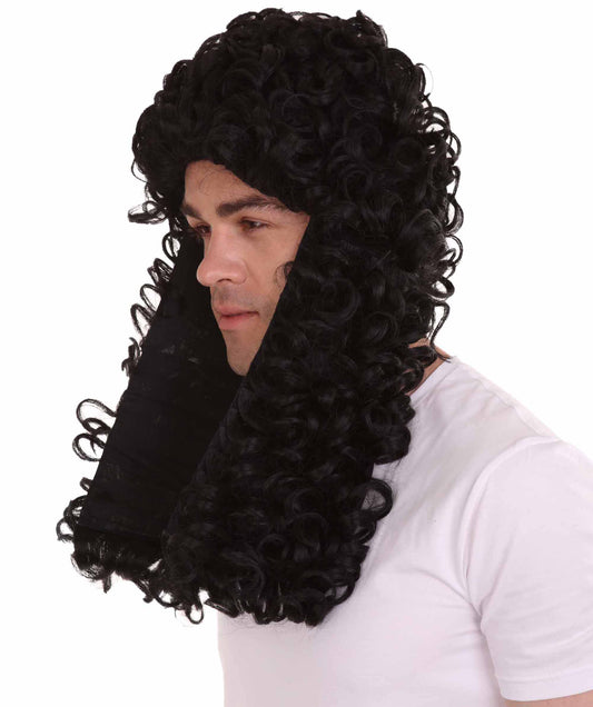 ハロウィンパーティ 男性用 H-4279 コロニアル歴史的なカーリーウィッグ 黒 プレミアム通気性キャップレスキャップ