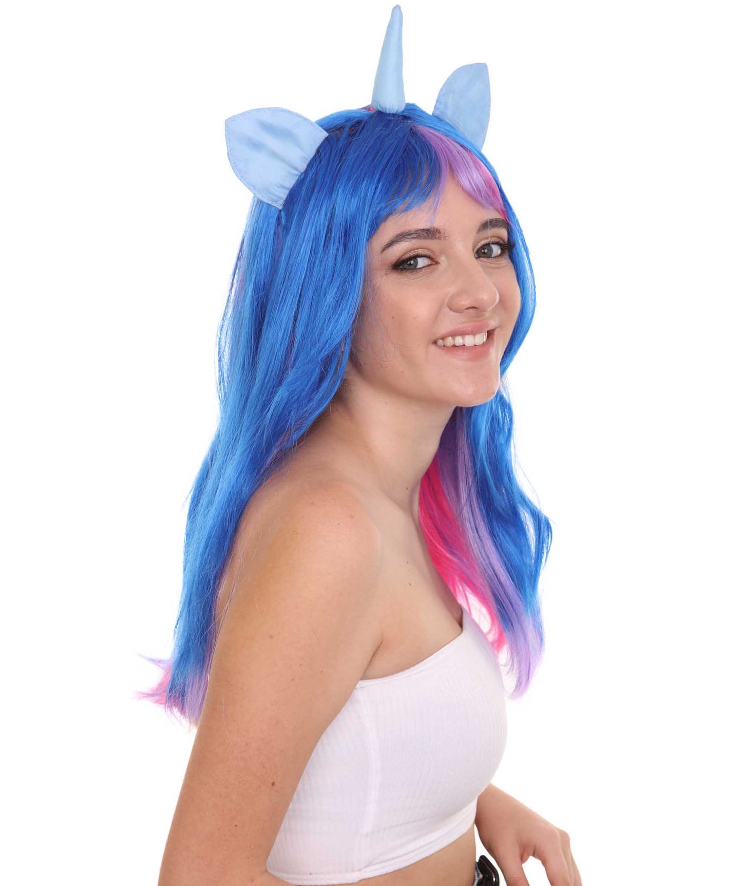 ユニコーンの角と耳の女性用ウィッグ H-3369 華やかなパーティーイベント準備完了のハロウィンウィッグ プレミアム通気性のあるキャップレスキャップ