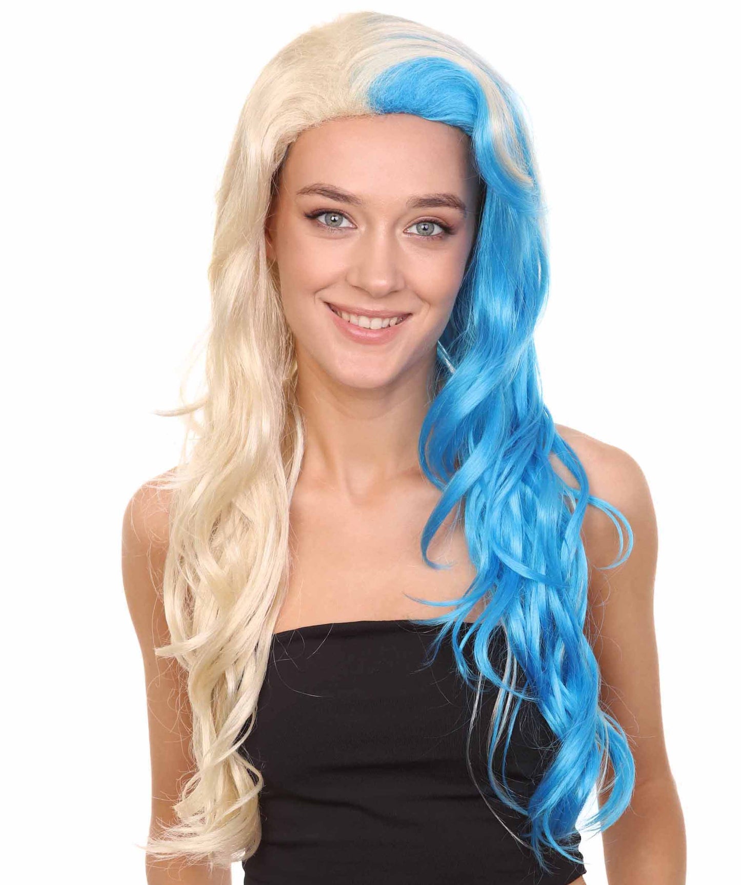 ハーフブロンド&ハーフブルーウィッグ H-3601 ファンシーパーティーイベント用ハロウィンウィッグ プレミアム 通気性の良い キャップレスキャップ