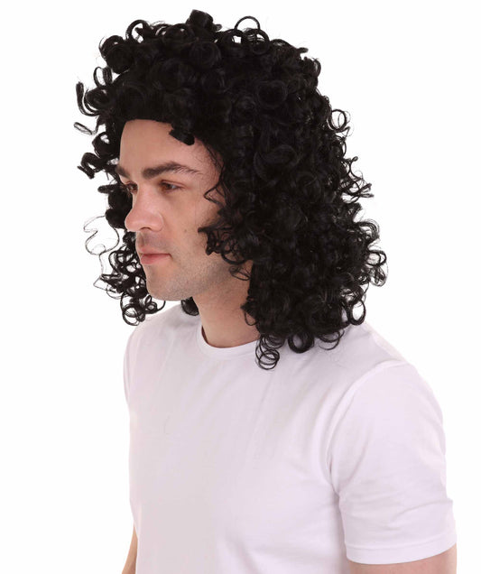 ハロウィンパーティ 男性用 H-4280 カーリーロックスターウィッグ 黒 プレミアム通気性キャップレスキャップ