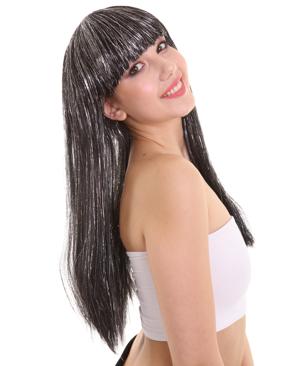 ハロウィンパーティ プレミアムレディース H-5208 ロングベビーブラックウィッグ ティンセルハイライト付き