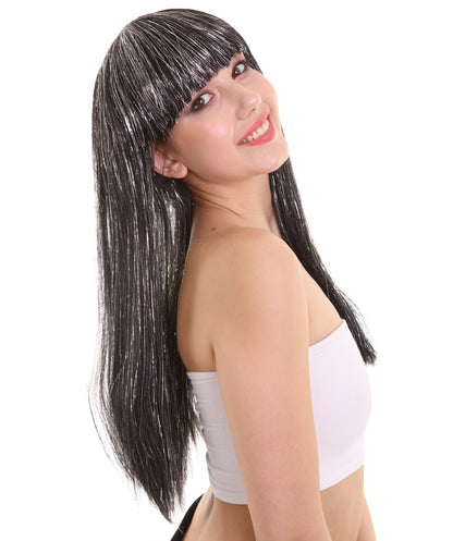 ハロウィンパーティ プレミアムレディース H-5208 ロングベビーブラックウィッグ ティンセルハイライト付き