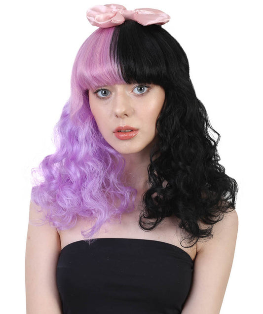 Wigs2you ハロウィン パーティー プレミアム レディース H-927 メラニー ドリー ハーフ パープルとブラック キュリー ウィッグ ピンク リボン カラー