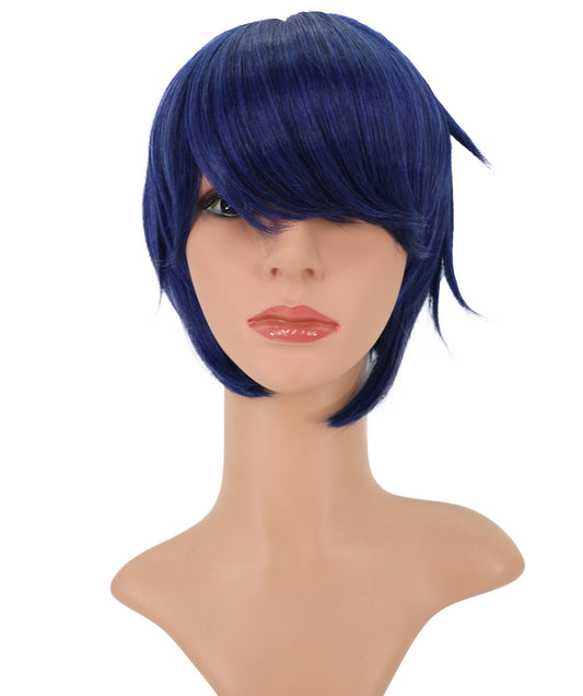 Wigs2you C-121 ダークブルーのショートウィッグ – 11インチの合成繊維レイヤーカット、サイドバング付き | 女性向けアニメルック | ハロウィンやコスプレに最適