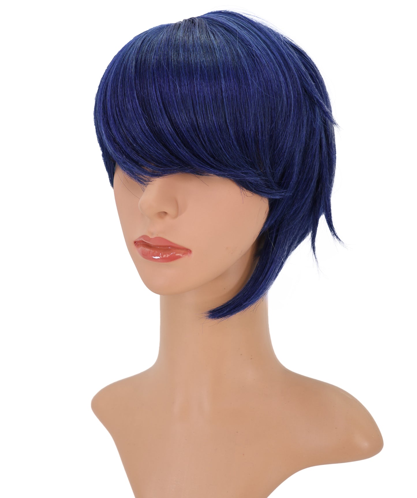 Wigs2you C-121 ダークブルーのショートウィッグ – 11インチの合成繊維レイヤーカット、サイドバング付き | 女性向けアニメルック | ハロウィンやコスプレに最適