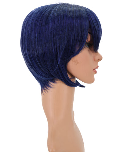 Wigs2you C-121 ダークブルーのショートウィッグ – 11インチの合成繊維レイヤーカット、サイドバング付き | 女性向けアニメルック | ハロウィンやコスプレに最適