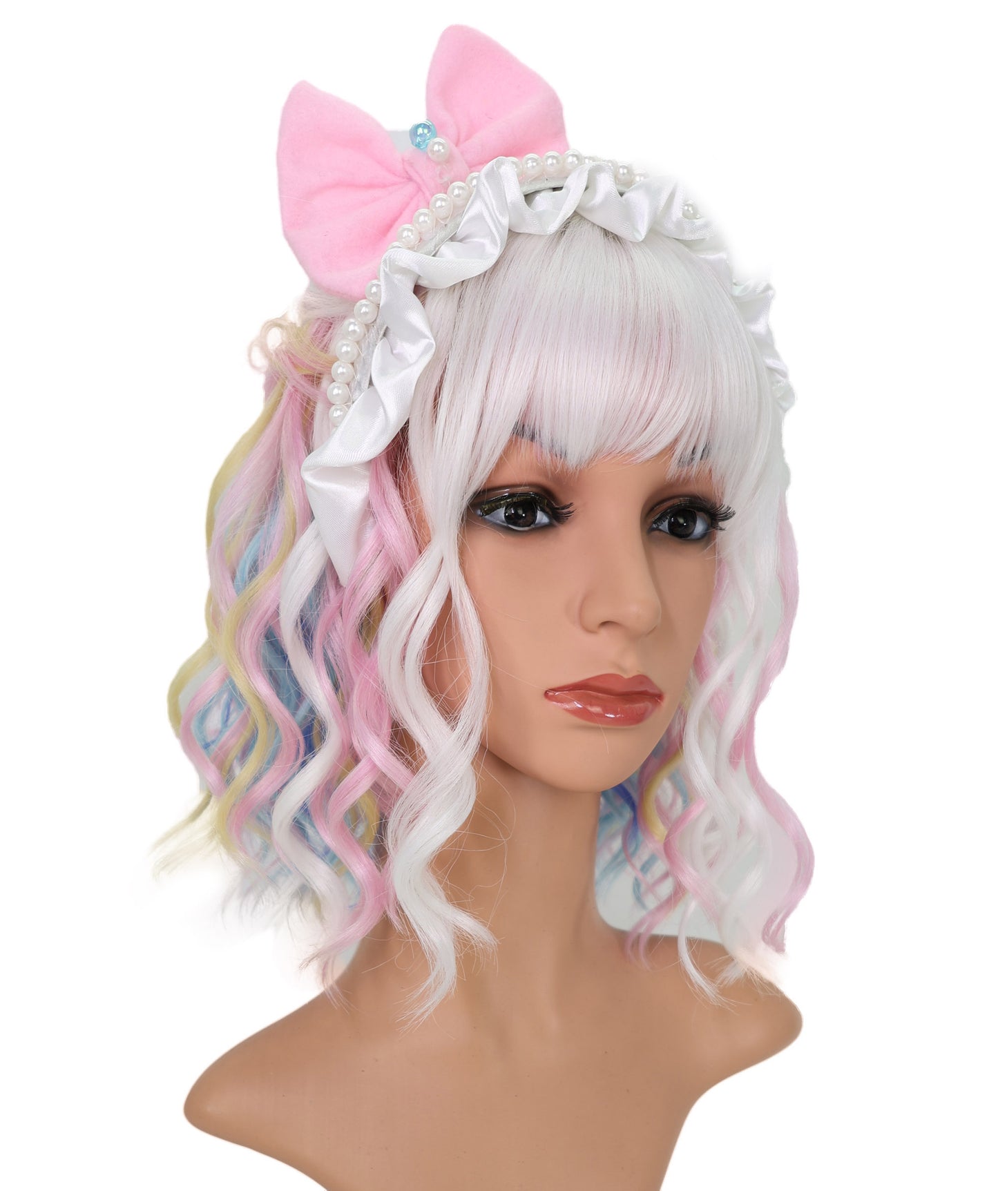 Wigs2you C-128 女性用ショートカーリーロリータウィッグ - 13インチ ホワイト合成ウィッグ、パステルチップ＆スタンダードキャップ付き