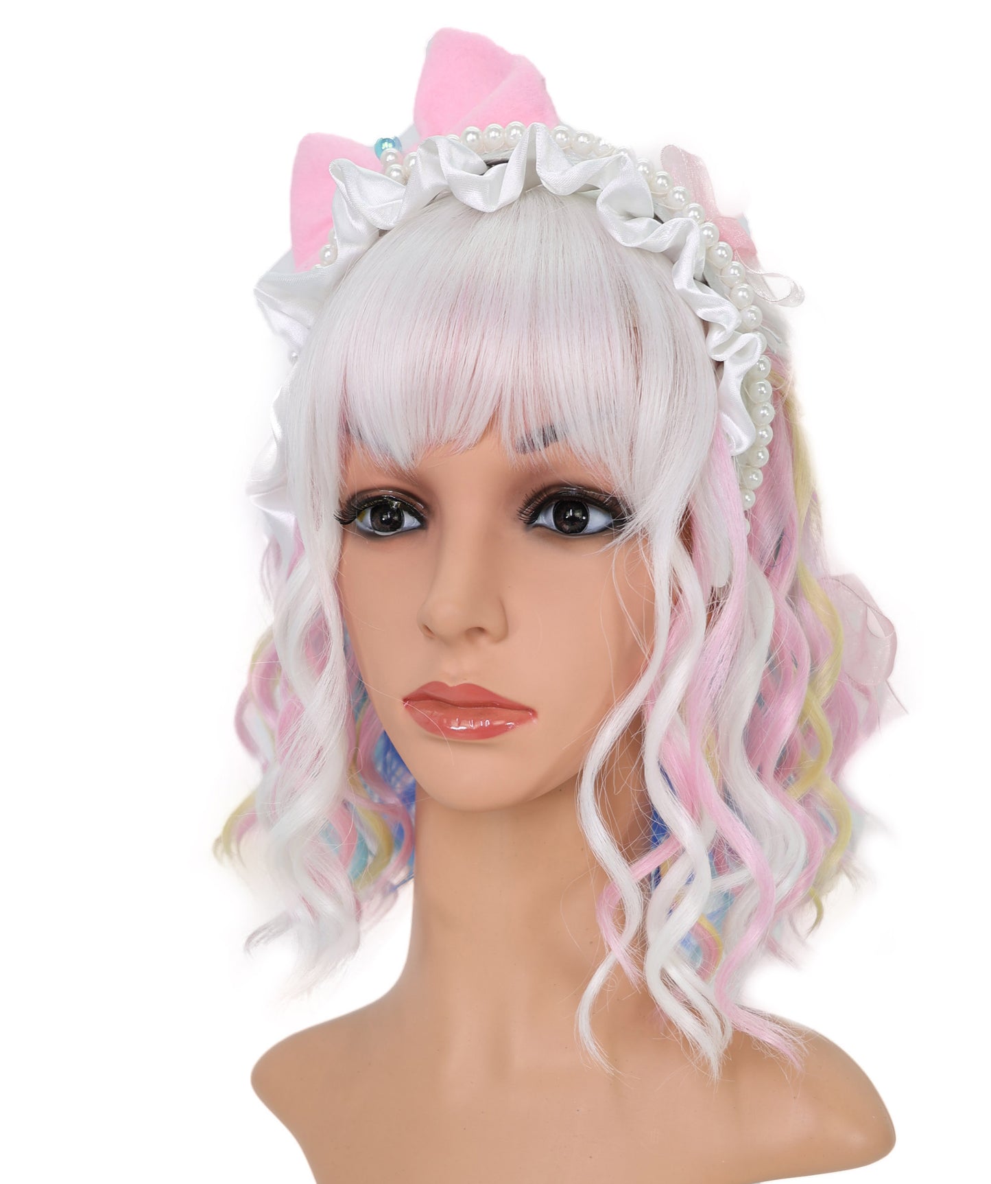 Wigs2you C-128 女性用ショートカーリーロリータウィッグ - 13インチ ホワイト合成ウィッグ、パステルチップ＆スタンダードキャップ付き