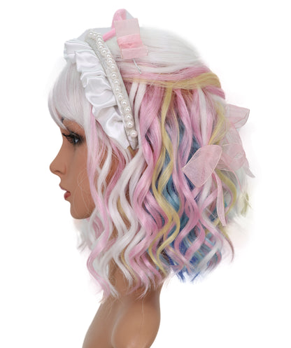 Wigs2you C-128 女性用ショートカーリーロリータウィッグ - 13インチ ホワイト合成ウィッグ、パステルチップ＆スタンダードキャップ付き