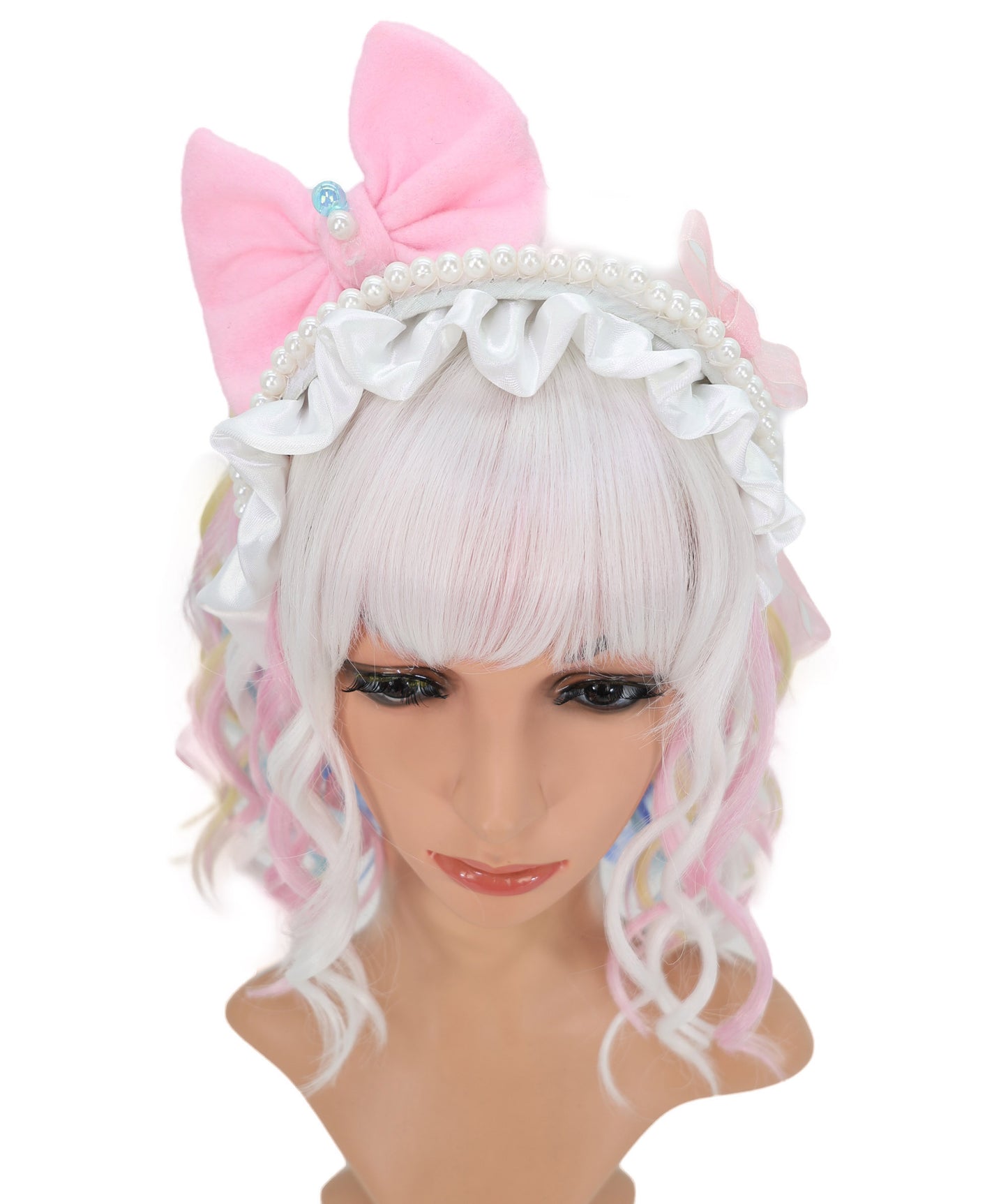 Wigs2you C-128 女性用ショートカーリーロリータウィッグ - 13インチ ホワイト合成ウィッグ、パステルチップ＆スタンダードキャップ付き