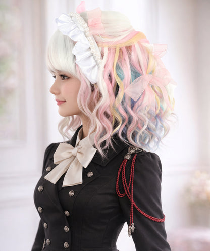 Wigs2you C-128 女性用ショートカーリーロリータウィッグ - 13インチ ホワイト合成ウィッグ、パステルチップ＆スタンダードキャップ付き