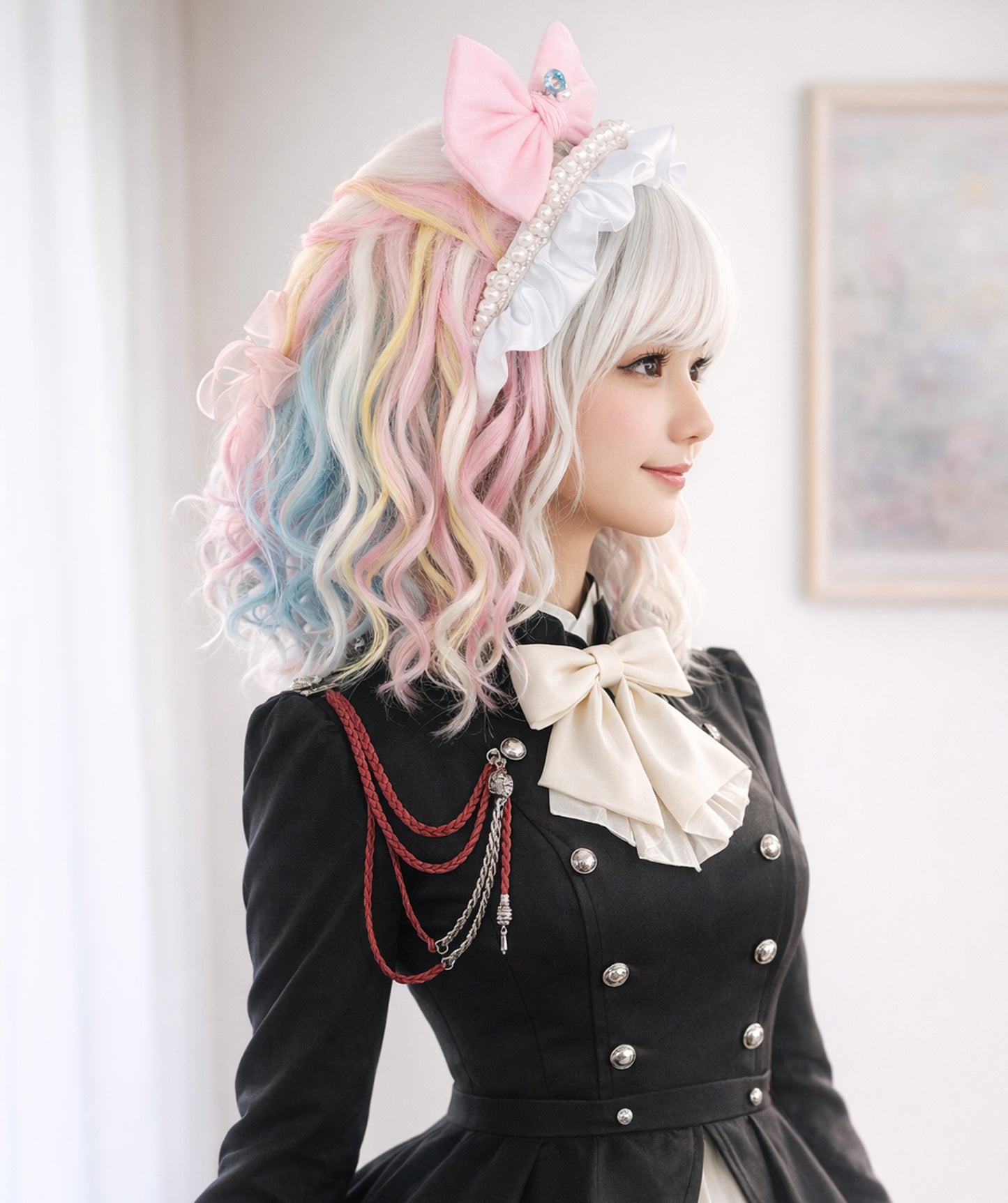 Wigs2you C-128 女性用ショートカーリーロリータウィッグ - 13インチ ホワイト合成ウィッグ、パステルチップ＆スタンダードキャップ付き