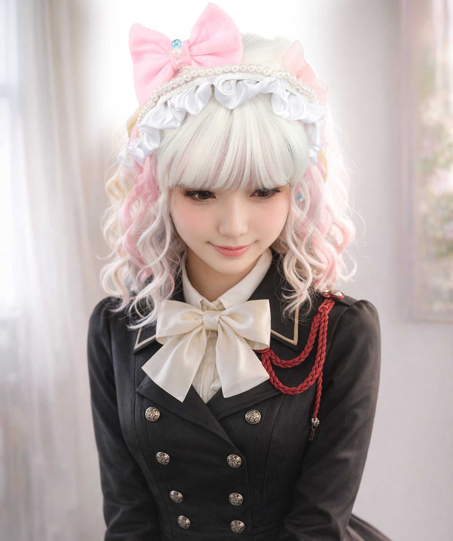 Wigs2you C-128 女性用ショートカーリーロリータウィッグ - 13インチ ホワイト合成ウィッグ、パステルチップ＆スタンダードキャップ付き