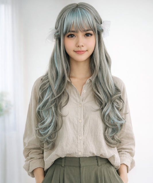 Wigs2you C-129 ロリータコスプレウィッグ – 26インチ グレー＆ブルーハイライト – 耐熱ロングヘアウィッグ