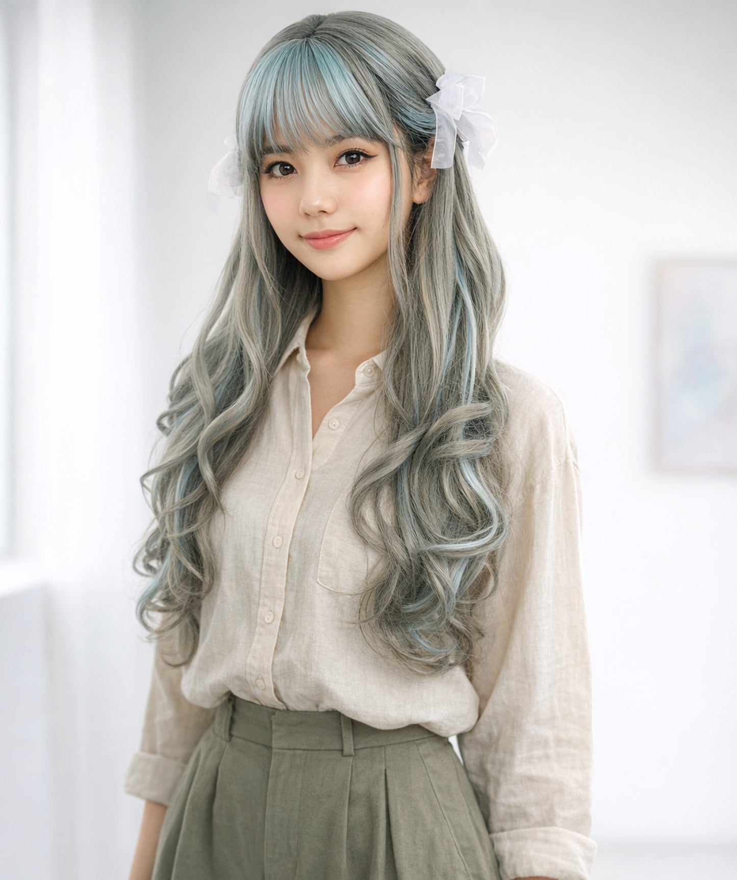 Wigs2you C-129 ロリータコスプレウィッグ – 26インチ グレー＆ブルーハイライト – 耐熱ロングヘアウィッグ