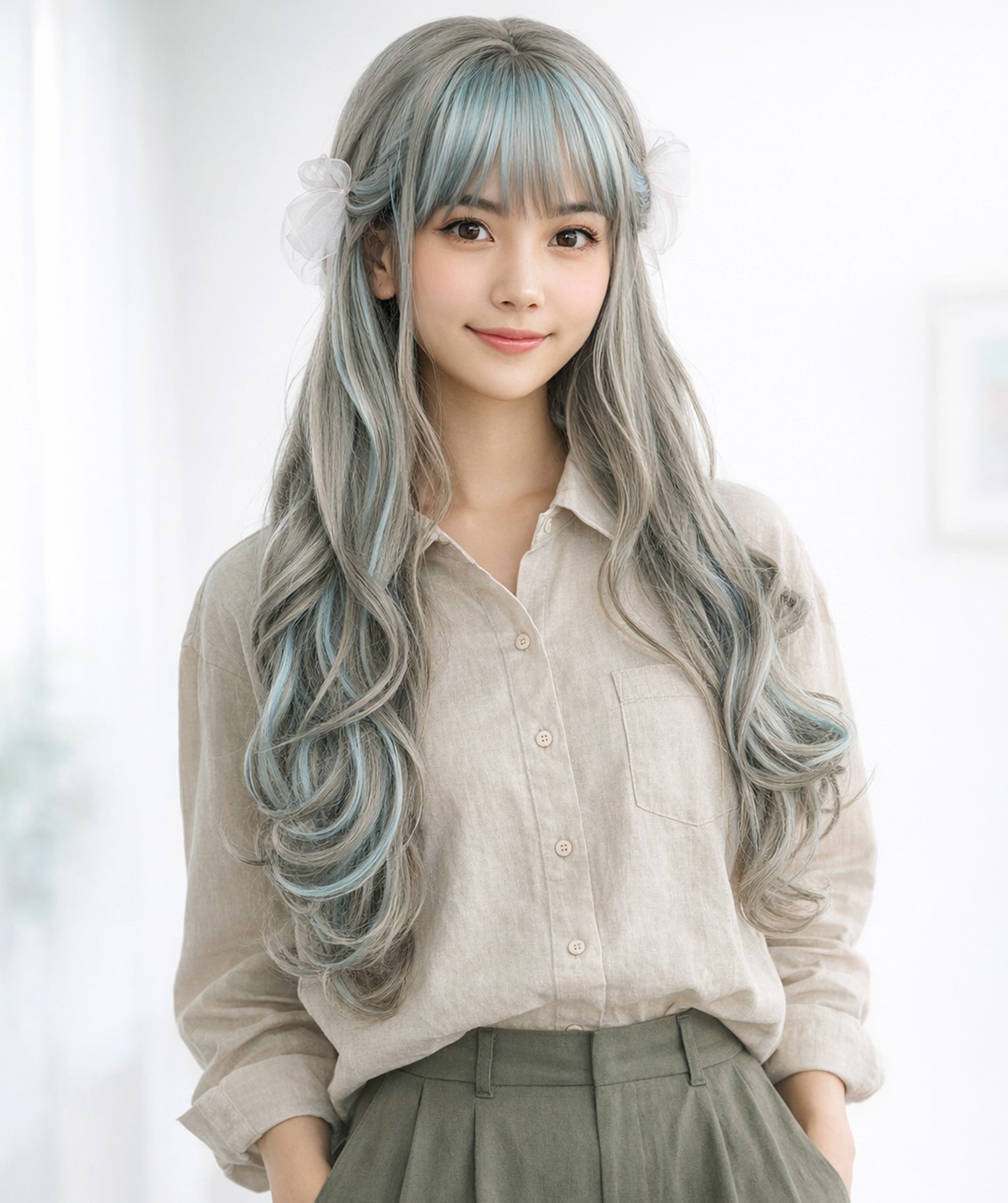Wigs2you C-129 ロリータコスプレウィッグ – 26インチ グレー＆ブルーハイライト – 耐熱ロングヘアウィッグ