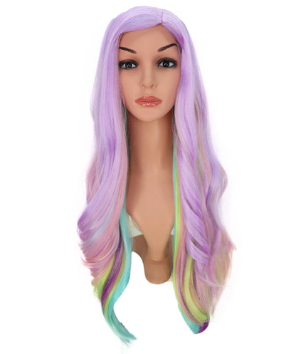 Wigs2you C-133 グリーンのハイライトが入った紫のロングウェーブウィッグ - 27インチ 耐熱キャップレス コスプレウィッグ（女性用）