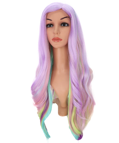 Wigs2you C-133 グリーンのハイライトが入った紫のロングウェーブウィッグ - 27インチ 耐熱キャップレス コスプレウィッグ（女性用）