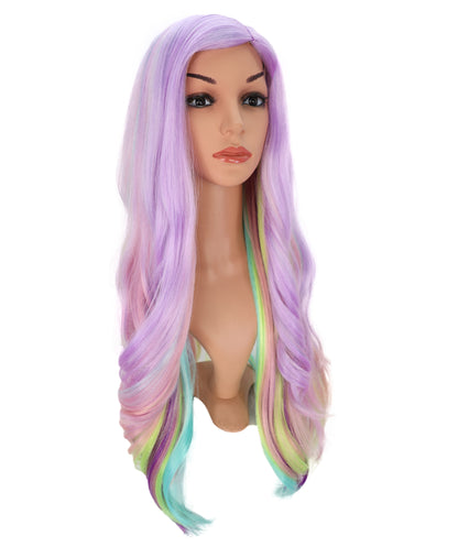 Wigs2you C-133 グリーンのハイライトが入った紫のロングウェーブウィッグ - 27インチ 耐熱キャップレス コスプレウィッグ（女性用）