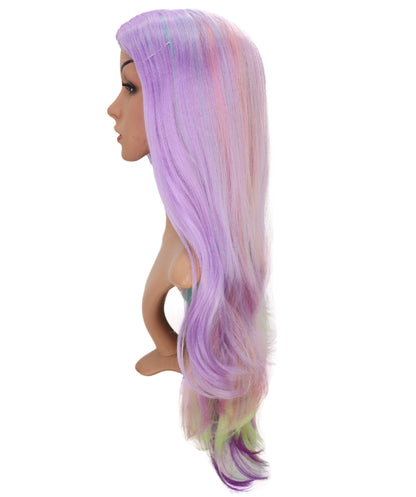 Wigs2you C-133 グリーンのハイライトが入った紫のロングウェーブウィッグ - 27インチ 耐熱キャップレス コスプレウィッグ（女性用）