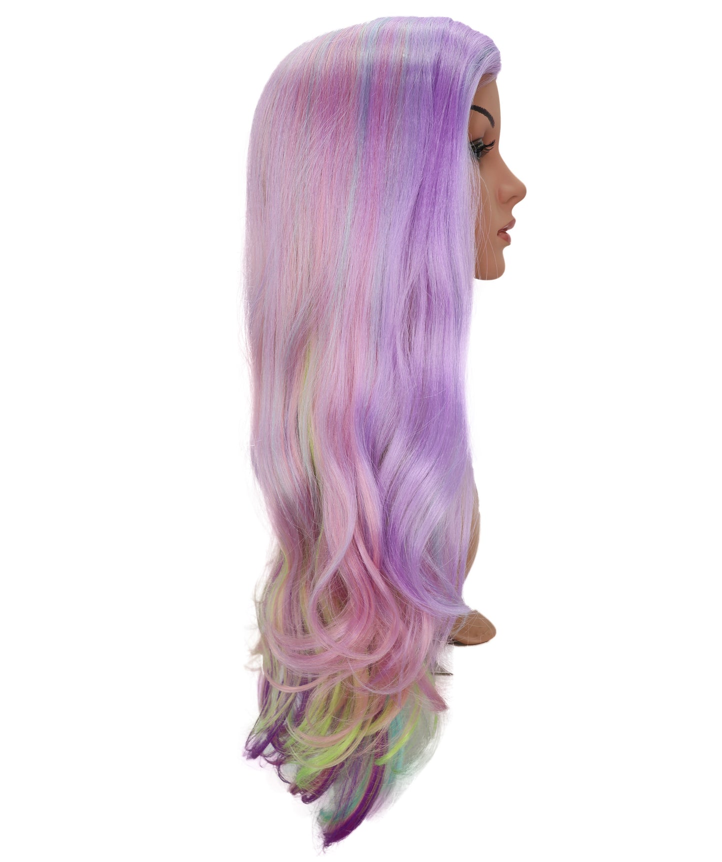 Wigs2you C-133 グリーンのハイライトが入った紫のロングウェーブウィッグ - 27インチ 耐熱キャップレス コスプレウィッグ（女性用）