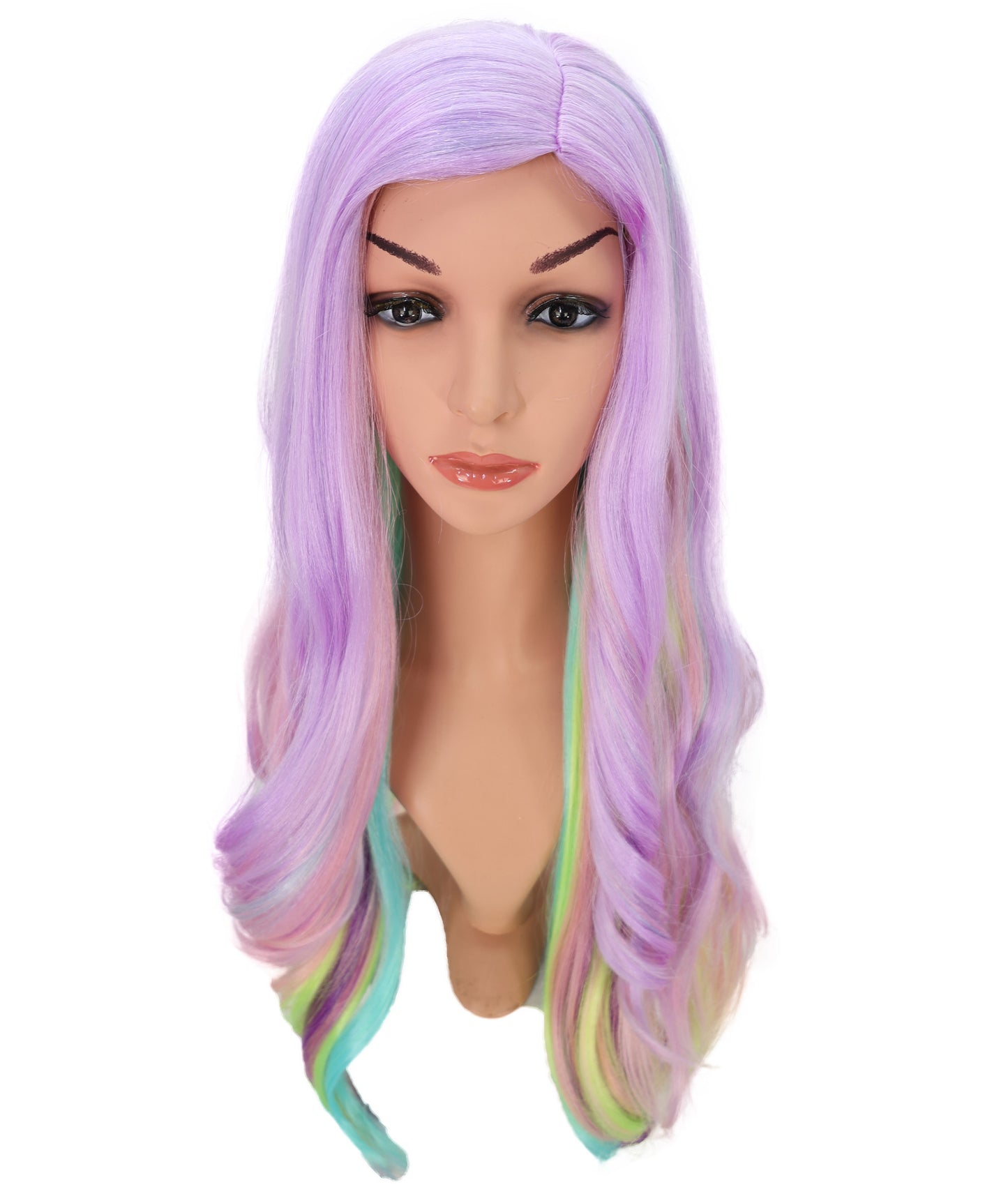 Wigs2you C-133 グリーンのハイライトが入った紫のロングウェーブウィッグ - 27インチ 耐熱キャップレス コスプレウィッグ（女性用）