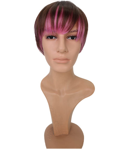Wigs2you C-135 男性用ブラウンピンクショートコスプレウィッグ – 11インチ合成毛、大胆なピンクのハイライト入り